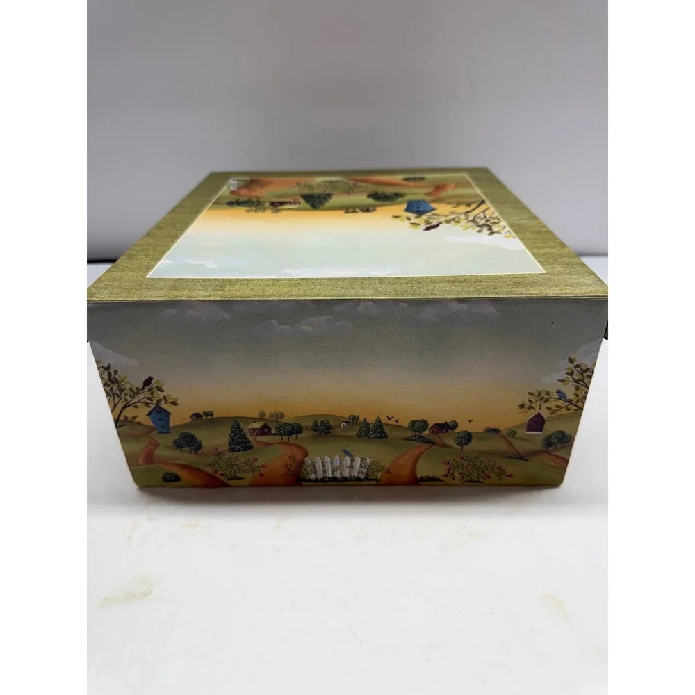 Folk Art Pastoral Landscape Decorative Storage Box Green Country Scene Barn